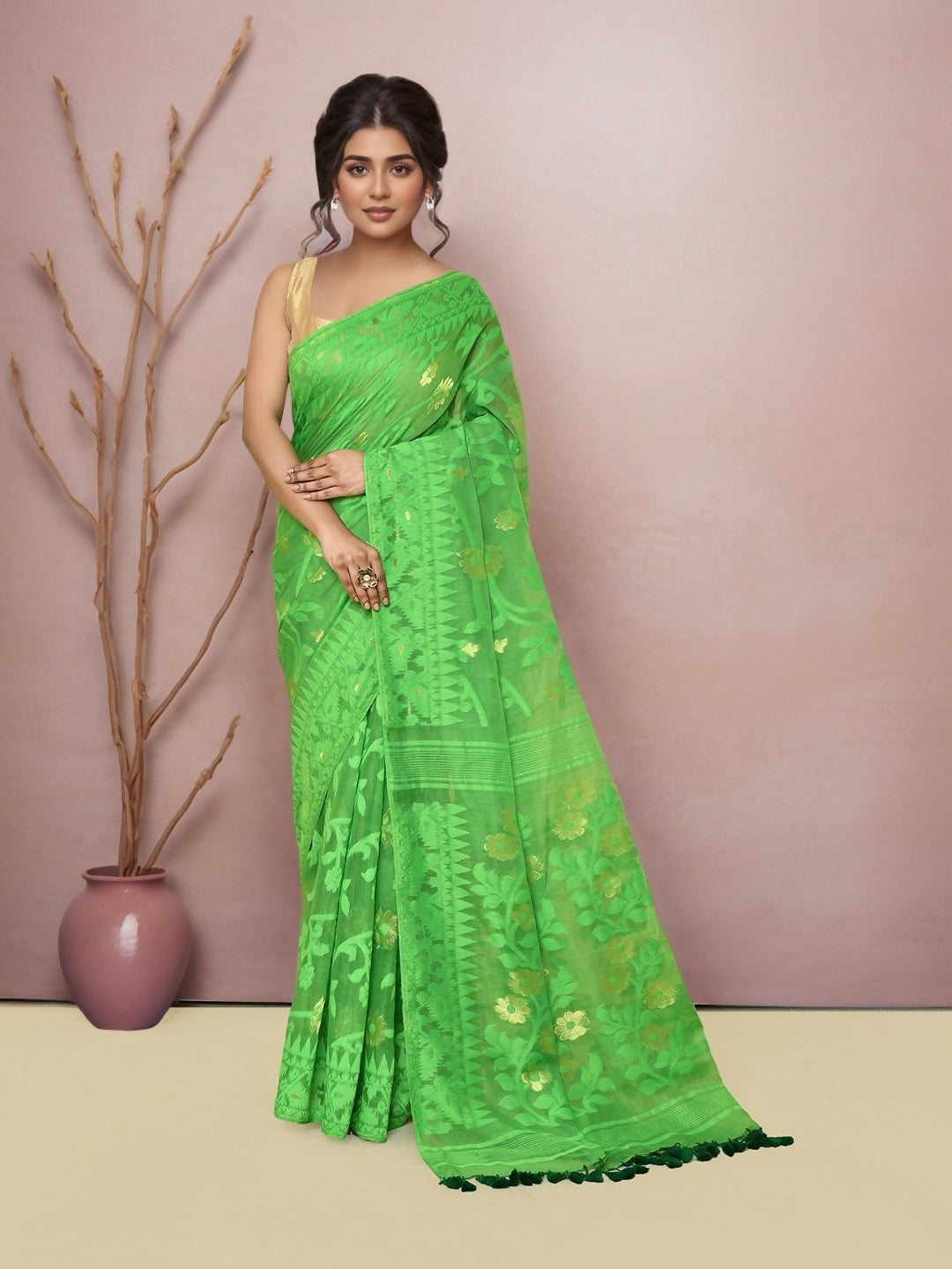 Joban Fashion Green Cotton Blend Jamdani Saree - Dista