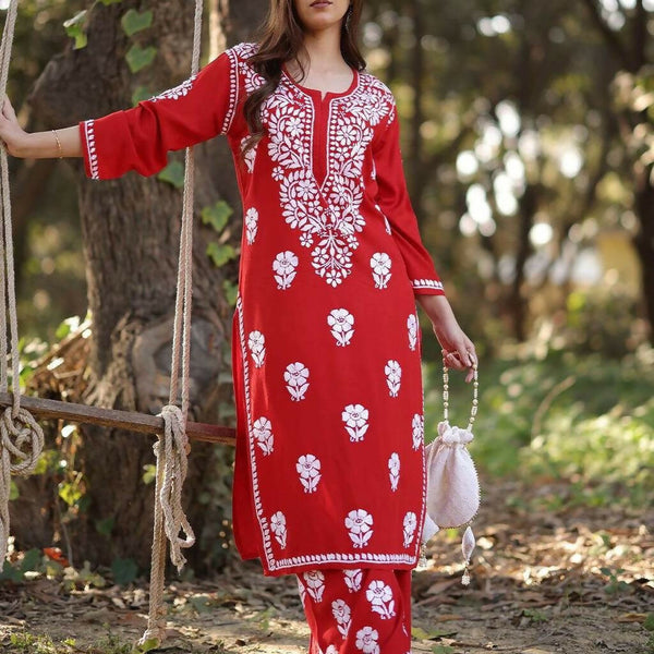Joban Fashion Red Rayon Embroidery Sequence Work Readymade Kurta Set