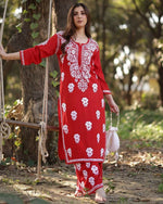 Thumbnail for Joban Fashion Red Rayon Embroidery Sequence Work Readymade Kurta Set