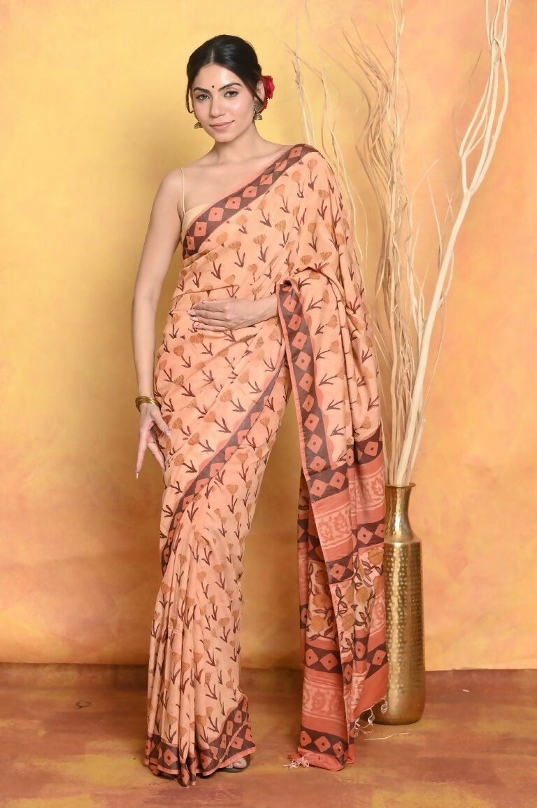 Very Much Indian Designer Modal Silk Saree With With Beautiful Floral Print - Light Orange - Distacart