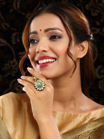 Thumbnail for Ruby Raang Gold Polished Green Birdie Kundan Ring
