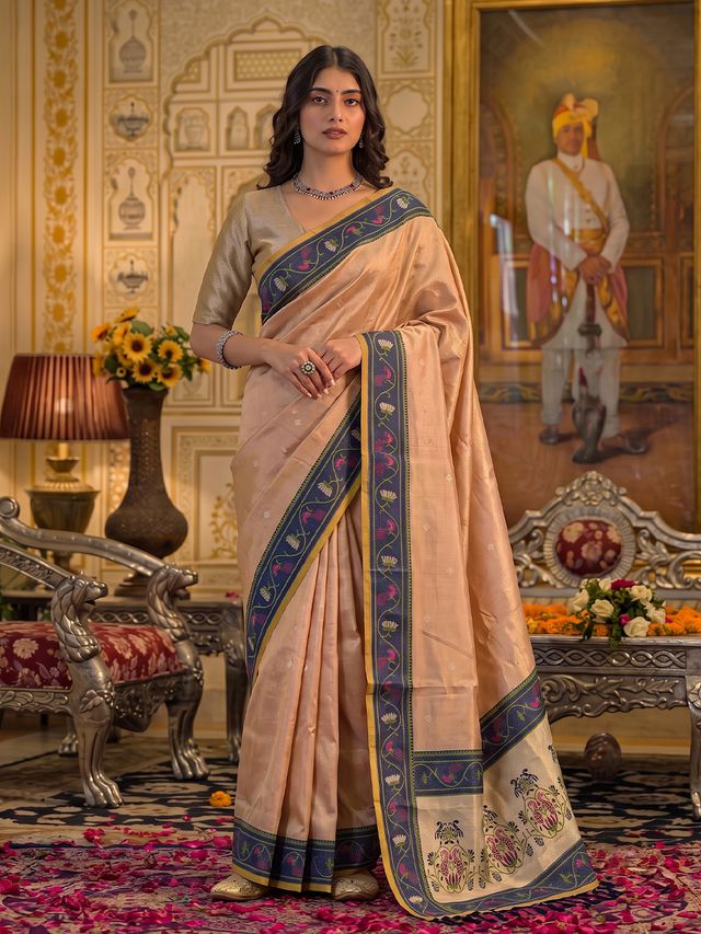 Shree Shyam Fashion Peach Zari Work Tissue Silk Woven Design Festive Wear Saree With Blouse