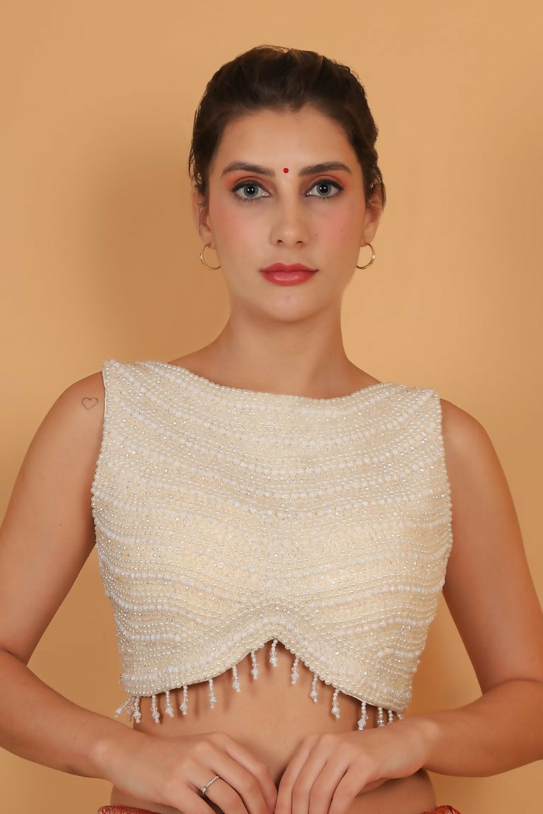 Joban Fashion Silk Pearl And Beads Hand Embroidery Padded Blouse - White