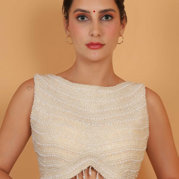 Joban Fashion Silk Pearl And Beads Hand Embroidery Padded Blouse - White