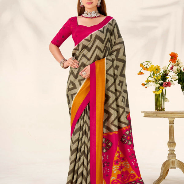 Vastranavya Mehendi Tussar Silk Zigzag Waves Printed Saree with Unstitched Blouse - Distacart