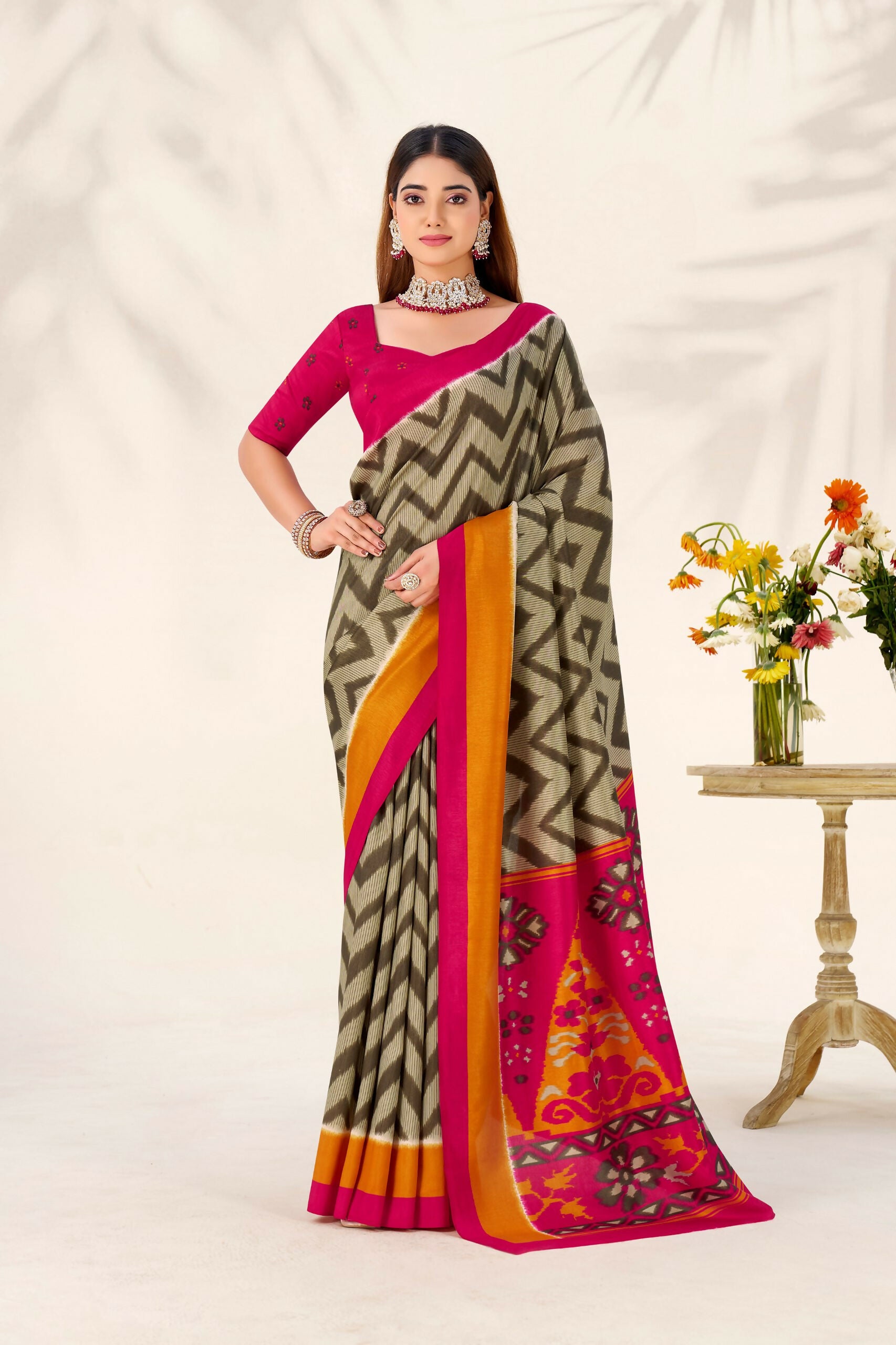 Vastranavya Mehendi Tussar Silk Zigzag Waves Printed Saree with Unstitched Blouse - Distacart