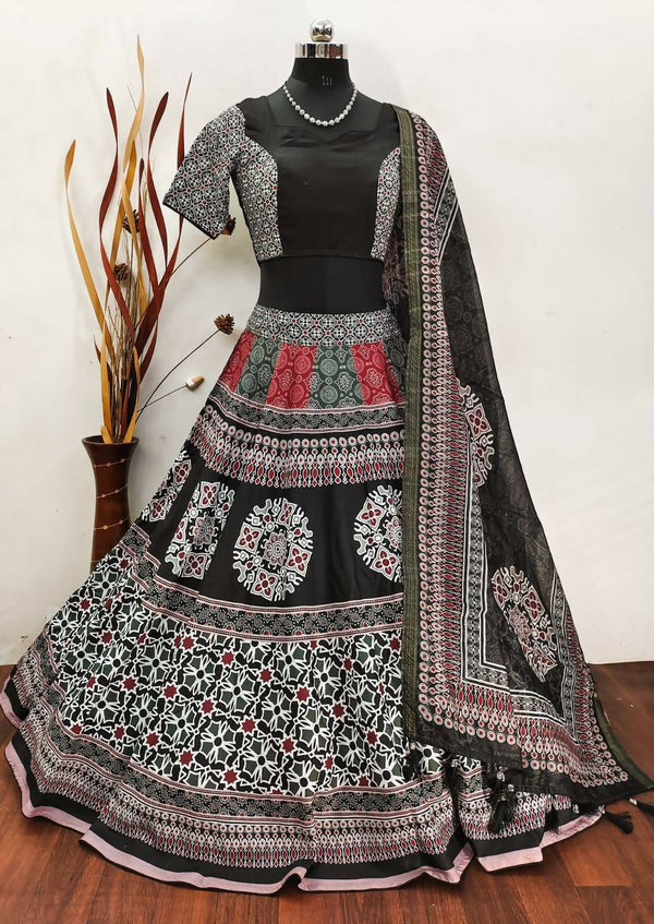 Preksha Creation Indian Navratri Special Cotton Women Lehenga Choli With print work and lucknowi print dupatta - Black - Distacart