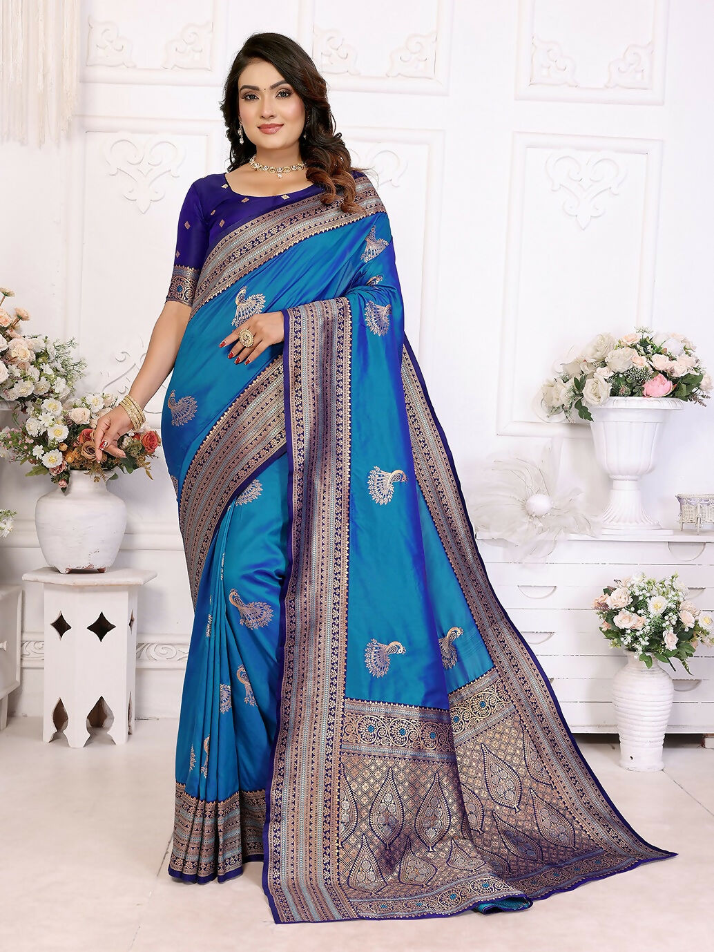 Joban Fashion Banarasi Royal Blue Small Butti Soft Silk Saree