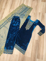 Thumbnail for Vastranavya Morpeach Velvet With Rich Sequins & Zari Embroidered Work Top-Bottom With Dupatta - Distacart