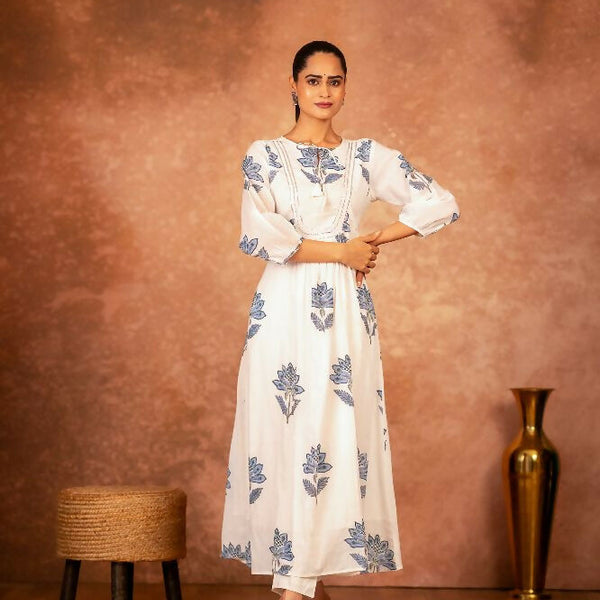 Joban Fashion Blue Floral Hand Block Printed Cotton Kurta Pant Set - Distacart