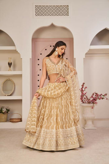Aastha Fashion Beige Chiku Butterfly Net White Cotton Thread Work, Zari Work And Sandwich Sequence Work Embroidery Wedding Wear Lehenga Choli - Distacart