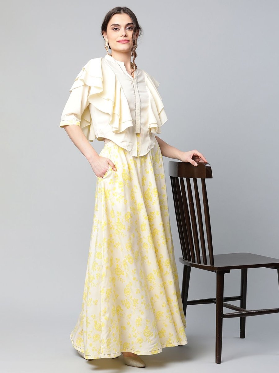 Ahalyaa Women Crepe Cream Solid Top with Printed Skirt with Ruffle Details - Distacart