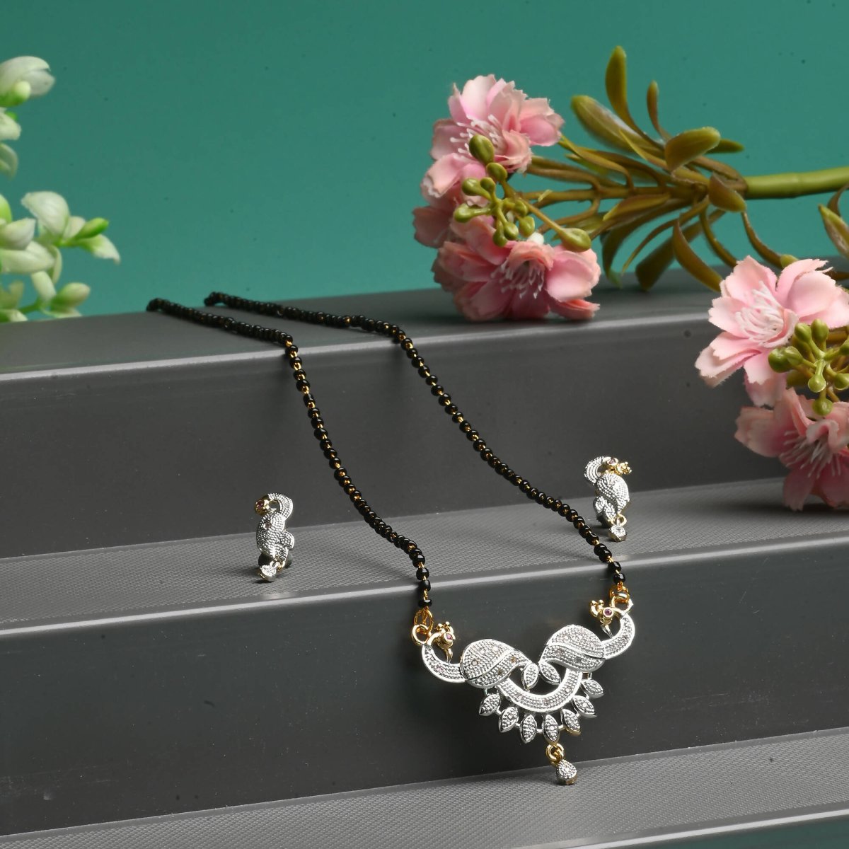 AanyaCentric Gold-plated Mangalsutra Pendant Earring Set & Silver Plated Anklet - Distacart