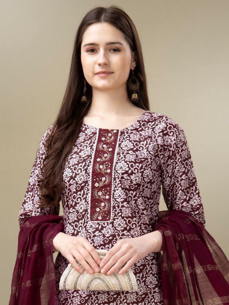 Jyoti Fashion Women's Maroon Rayon Embroidery & Sequence work Kurta with Trouser & Dupatta - Distacart