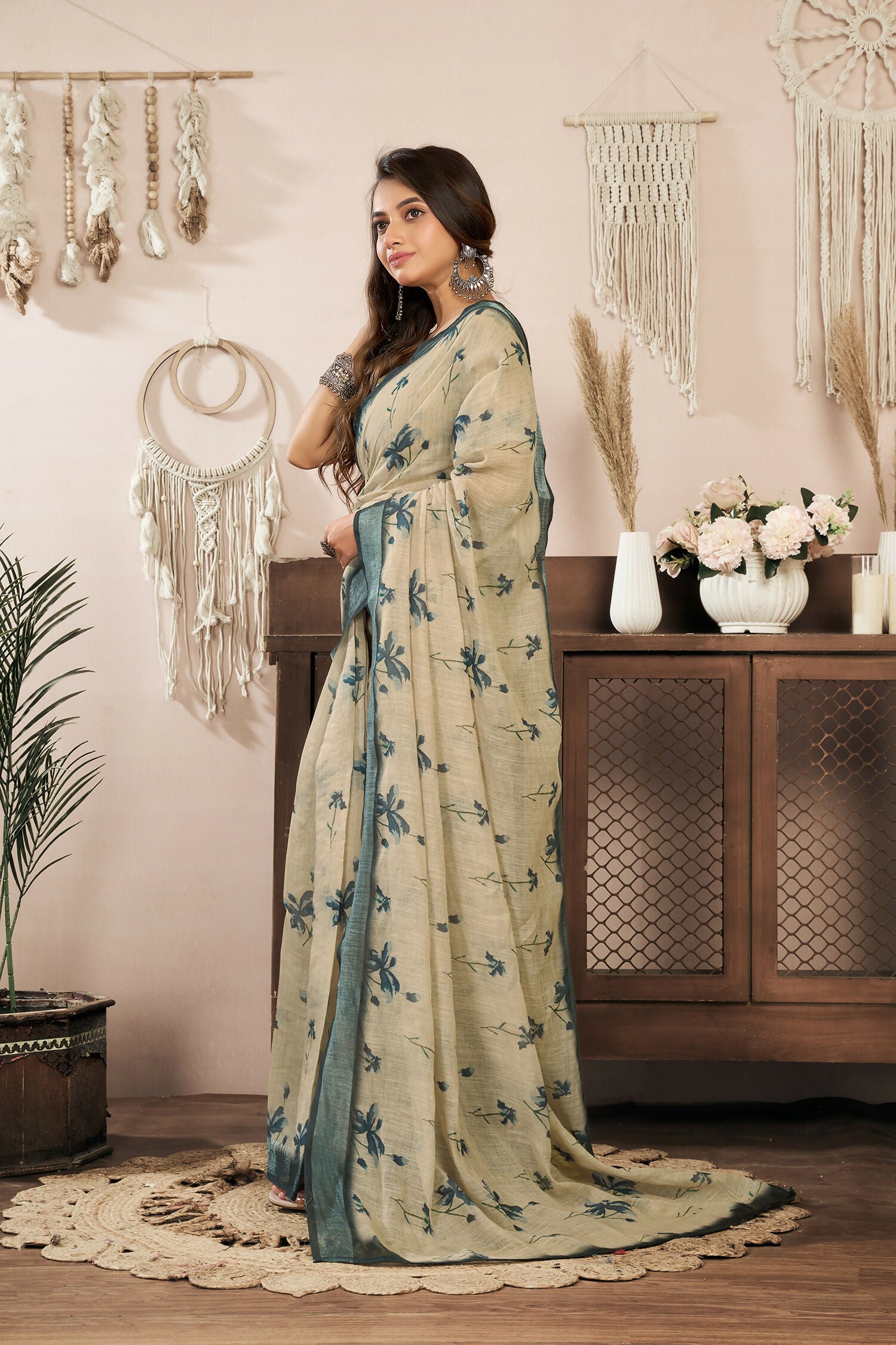 Joban Fashion Beige Floral Linen Ready To Wear Saree With Unstitched Blouse - Distacart