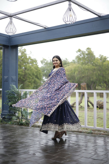 Aayaa Designer Embroidery Zari Sequins-Work Faux Blooming Georgette Suit - Navy Blue - Distacart