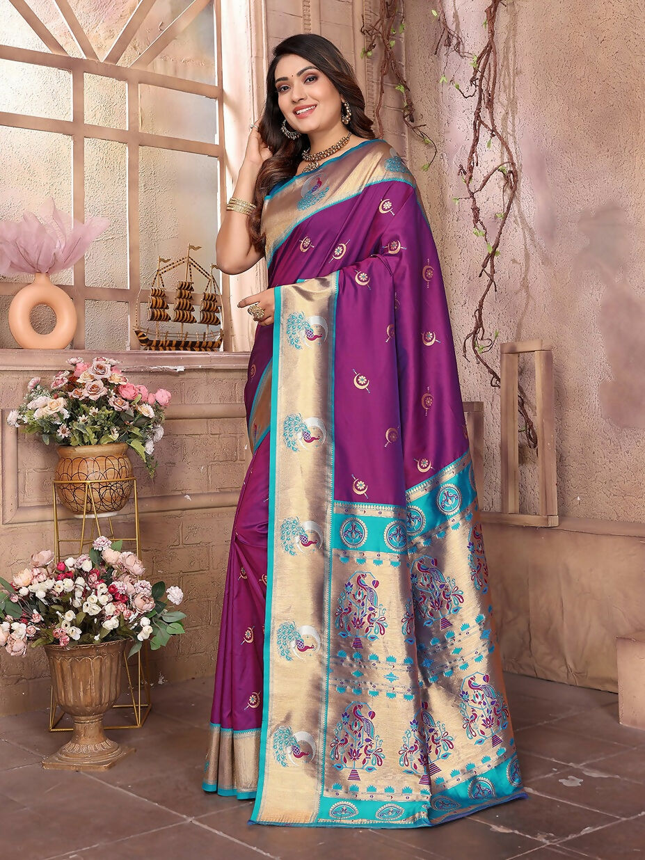 Joban Fashion Paithani Wine Woven Soft Silk Saree