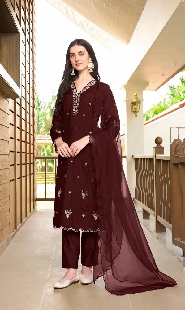 Nikhaar Dark Maroon Embroidered Art Silk Straight Cut Readymade Pakistani Suit