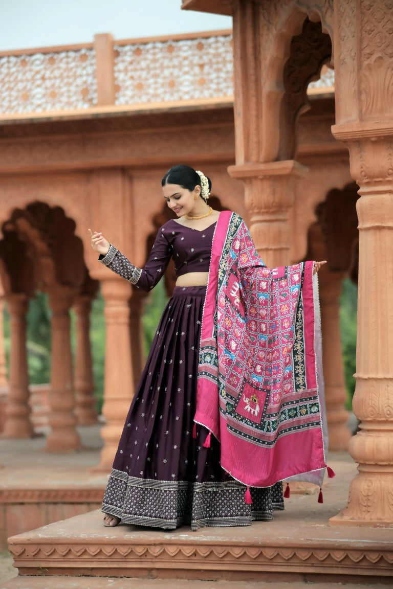 Vastranavya Navaratri Collection Myra Silk Lehenga & Blouse With Maslin Crochet Printed Dupatta Set - Wine - Distacart