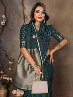 Thumbnail for Joban Fashion Dark Green Floral & Botanical Motifs Satin Silk Banarasi Silk Saree - Distacart