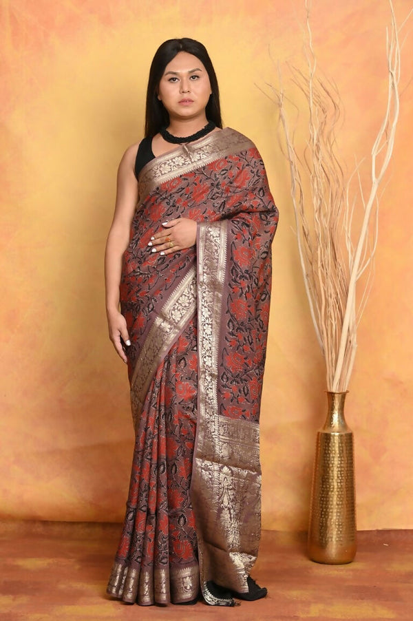 Very Much Indian Modal Silk Ajrakh Handblock Printed Natural Dyes With Designer Border Saree - Maroon - Distacart