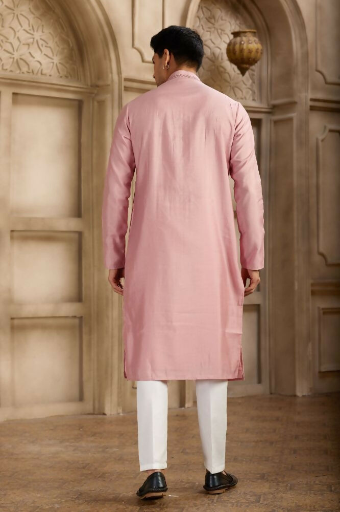 Raivat Ethnic Banarasi Art Silk Mirror Work Kurta Pajama In Dark Pink Colour