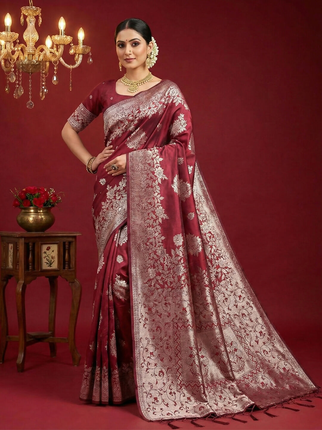 Shree Shyam Fashion Maroon Silk Blend Saree - Distacart
