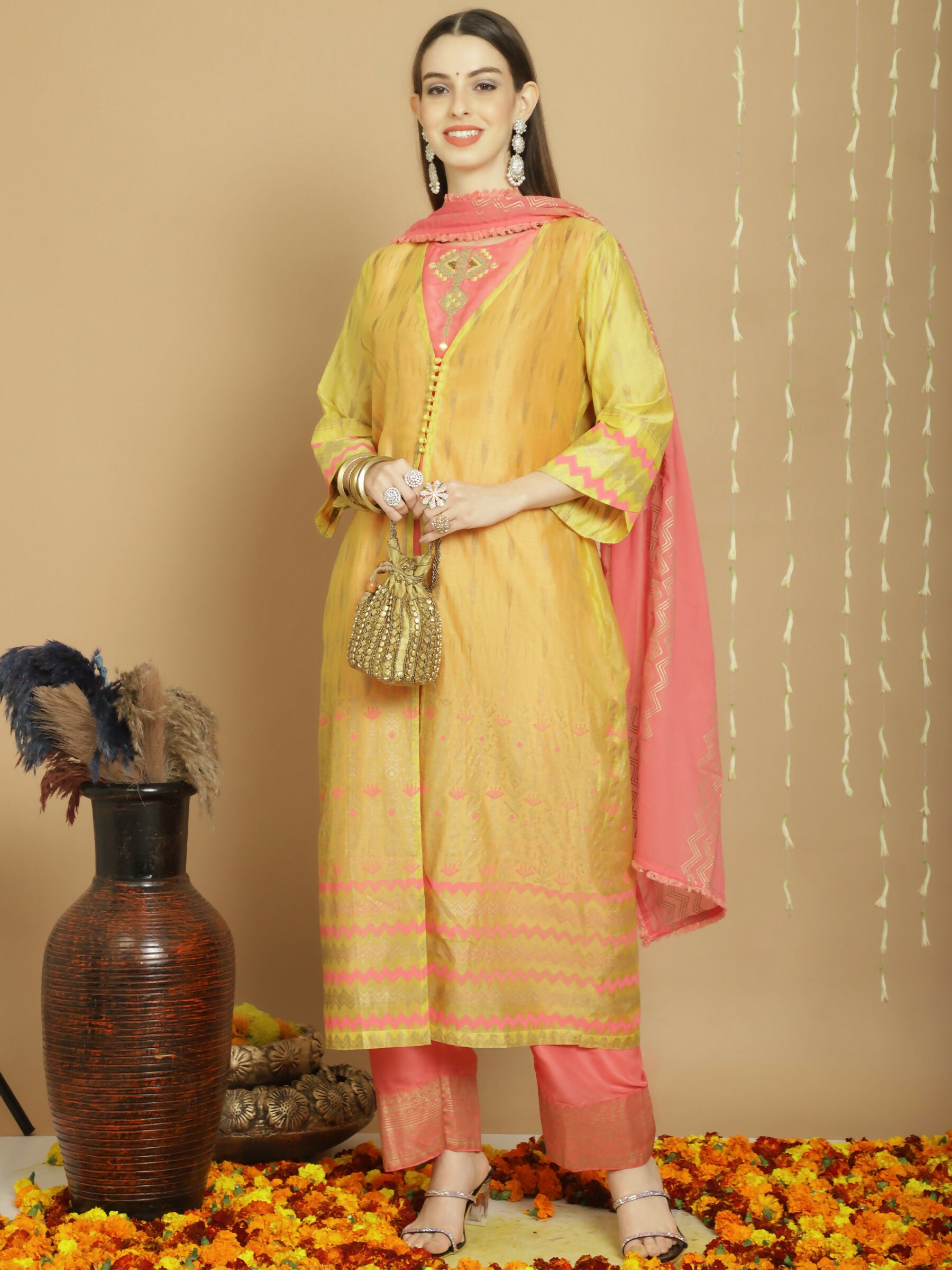 Jyoti Fashion Women's Yellow Chanderi Silk Elegant Jardoshi Semi Kurta with Trouser & Dupatta - Distacart