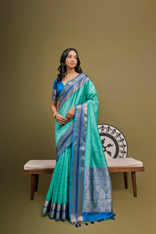 Vishnu Weaves Women's Sea-Green Raw Silk Zari Woven Saree with Blouse - Distacart