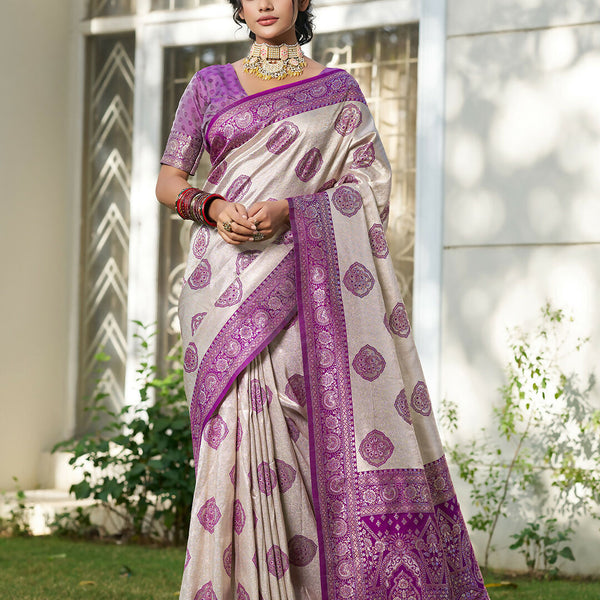 Shree Shyam Fashion Cream With Purple Silk Blend Saree - Distacart