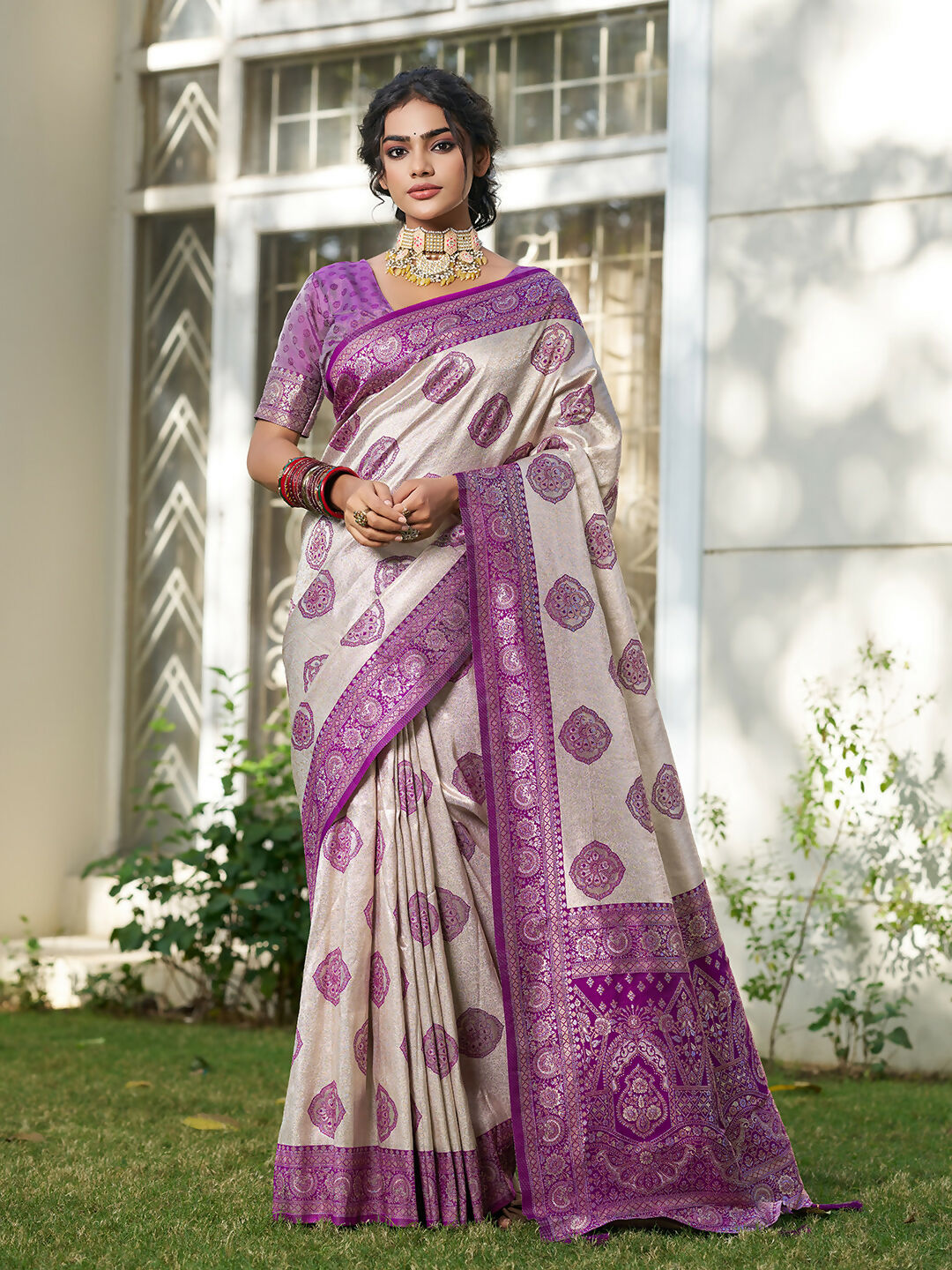 Shree Shyam Fashion Cream With Purple Silk Blend Saree - Distacart