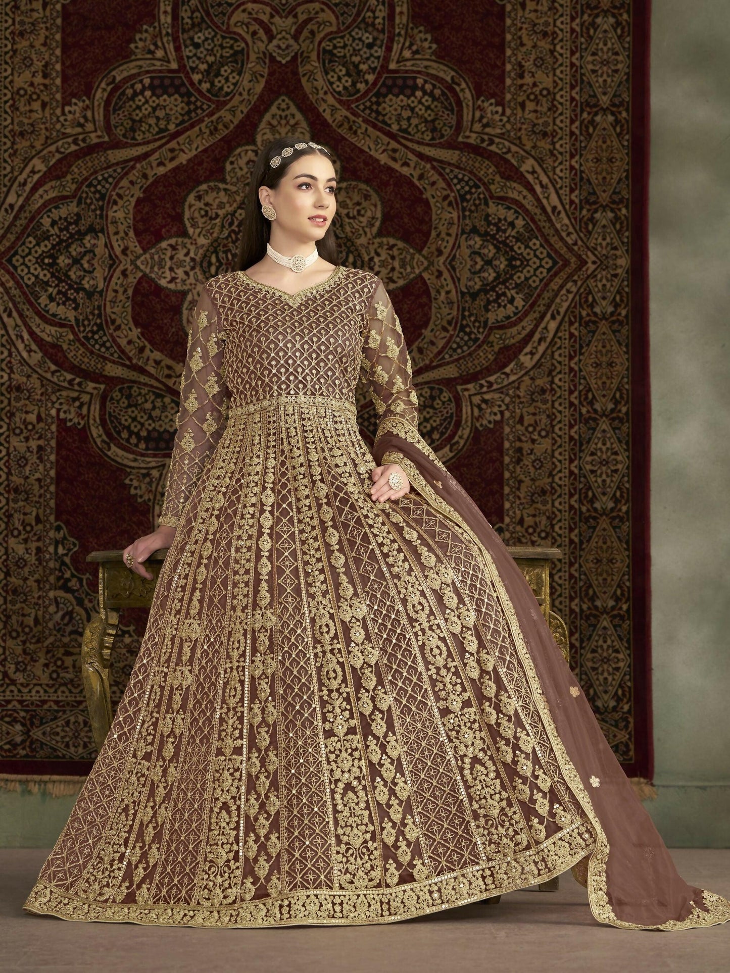 Anaita Coffee Embroidered Net Anarkali Suit - Distacart