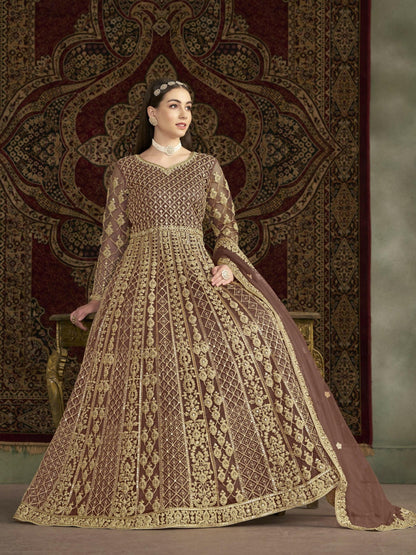 Anaita Coffee Embroidered Net Anarkali Suit - Distacart