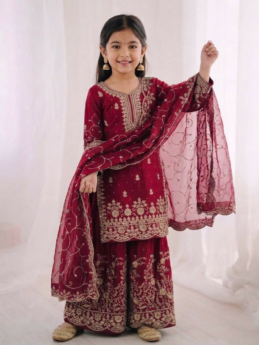 Teeya Creation Girls Heavy Embroidery Ethnic Kurta And Palazzo Set With Net Dupatta - Dista