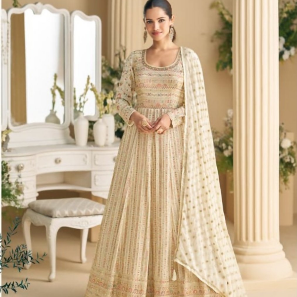Anaita Cream Real Georgette Readymade Anarkali Gown with Embroidery & Sequence Work