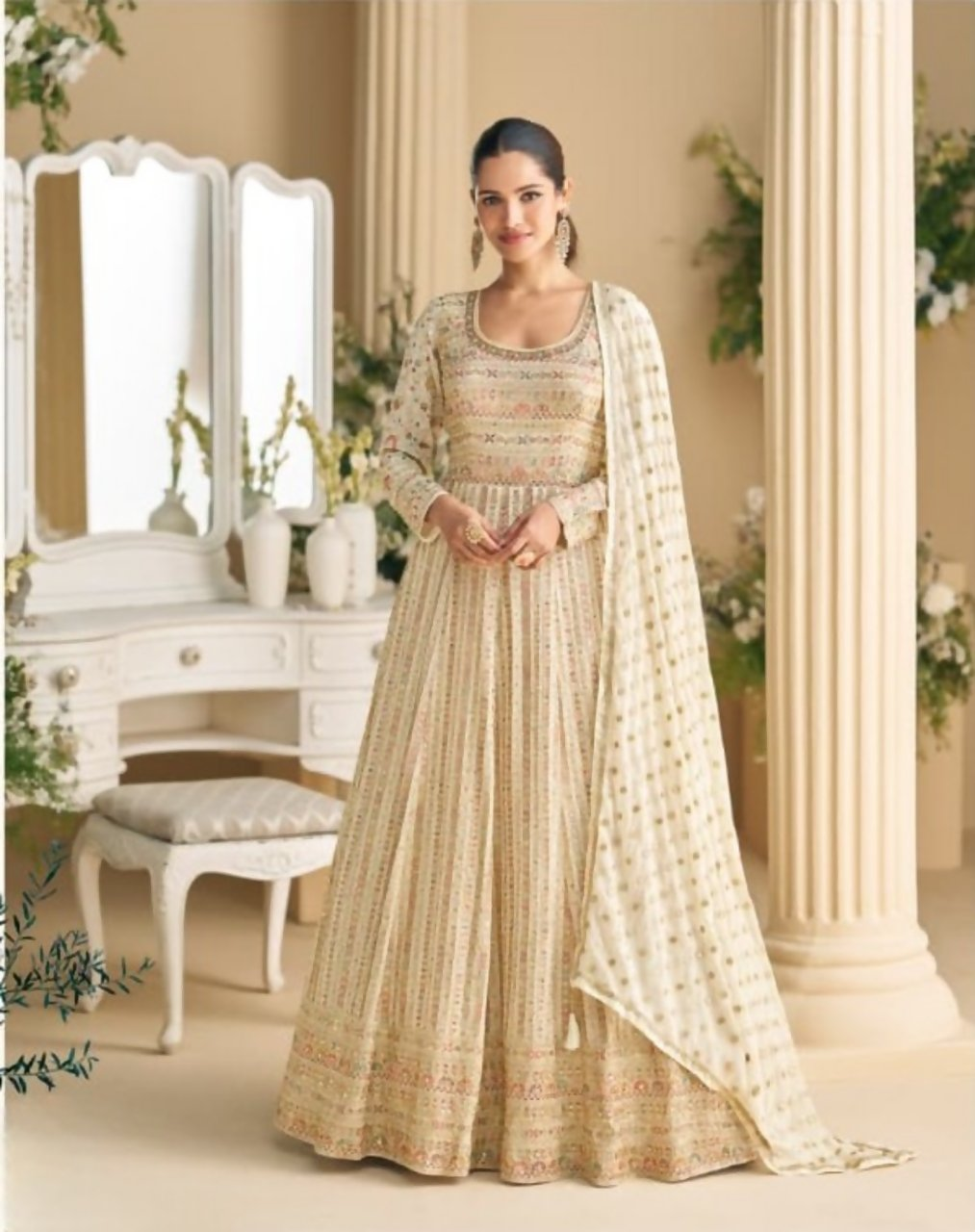 Anaita Cream Real Georgette Readymade Anarkali Gown with Embroidery & Sequence Work - Distacart
