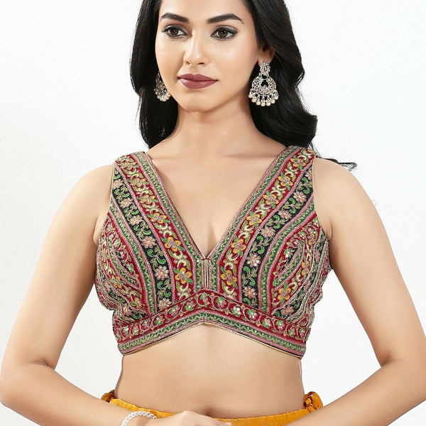 Joban Fashion Maroon Multi Georgette Padded Blouse With V Neck Sleeveless - Distacart