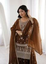 Thumbnail for Lehenga Mart Designer Sharara Suit With Kurta, Sharara, Dupatta For Women-Brown - Distacart