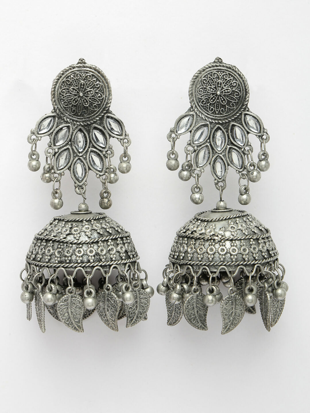 NVR Women's Silver-Plated Oxidised Artificial Stones Dome Shaped Jhumka Earrings - Distacart