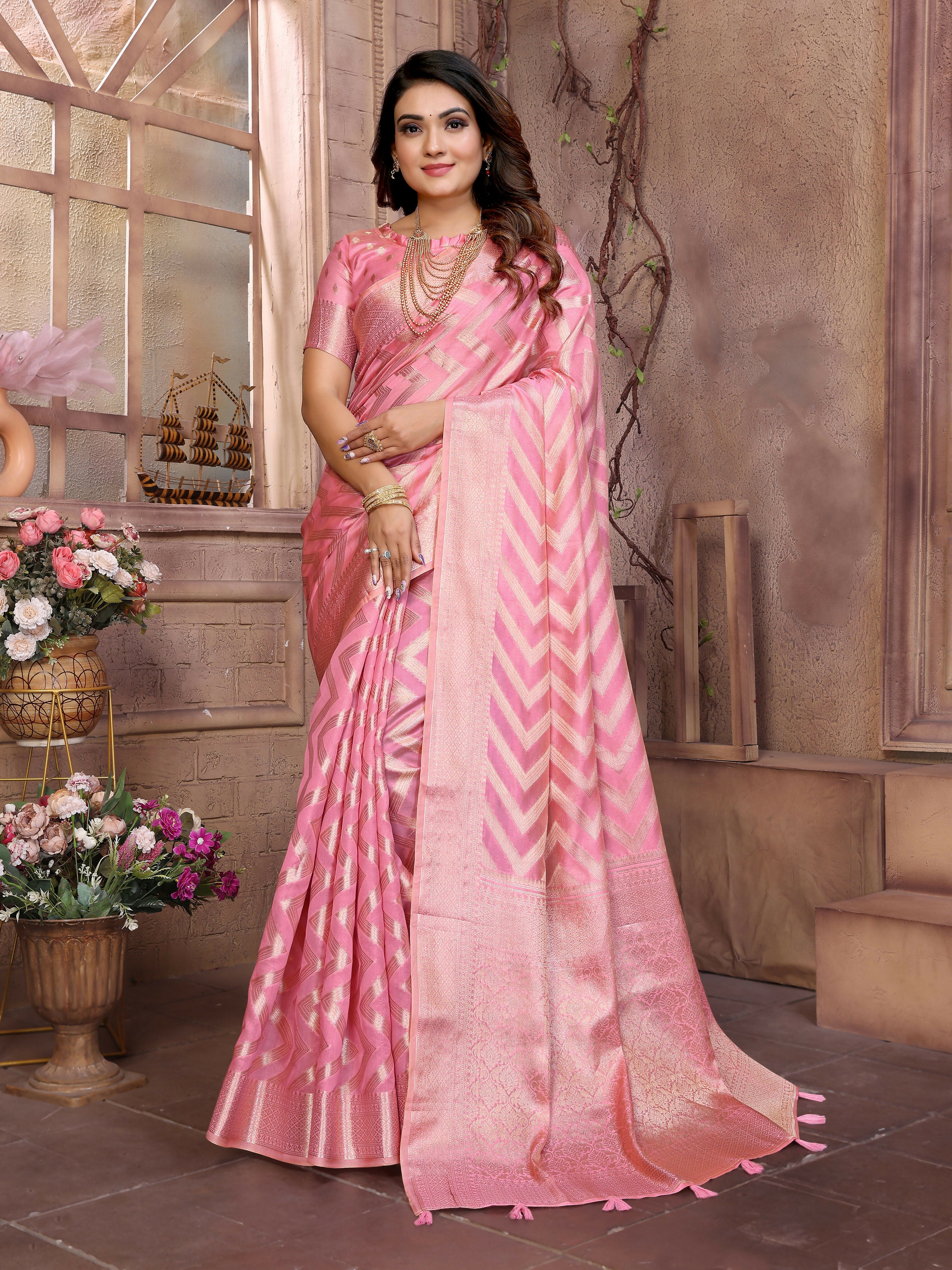 Aastha Fashion Pink Soft Organza Silk Weaving Saree - Distacart