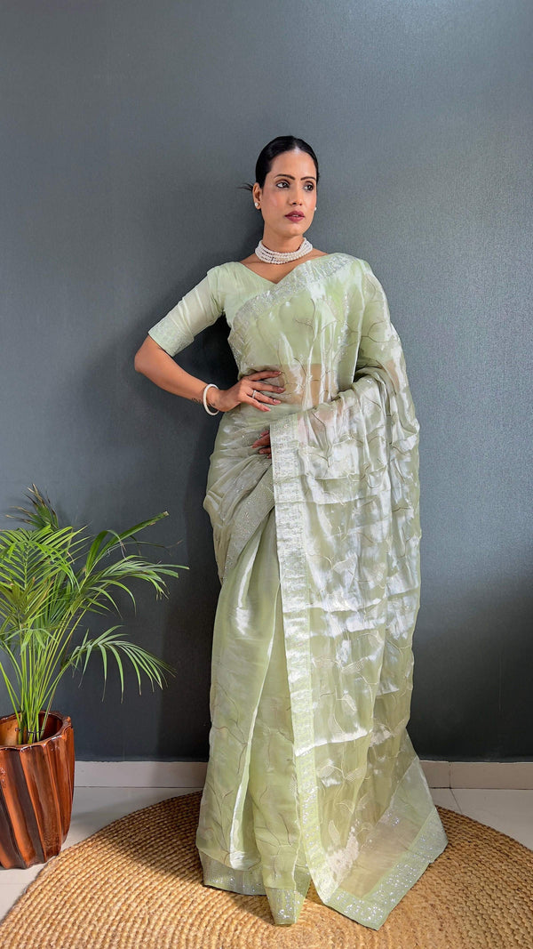 Preksha Creation Women Ready To Wear Saree Premium Burberry Silk Embellished With Beautiful Thread Work - Pista - Distacart
