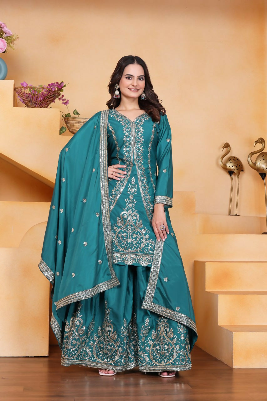 Joban Fashion Teal Crepe Embroidered Sharara Set - Distacart