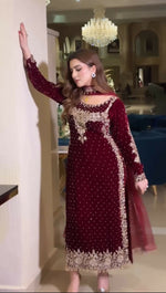 Thumbnail for Joban Fashion Wine Velvet Sequence Embroidery Work Kurta Set