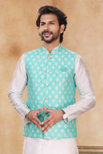 Thumbnail for Raivat Ethnic Jacquard Banarasi Silk Woven Work 3 Pics Jacket Set In Sky Blue Colour - Distacart