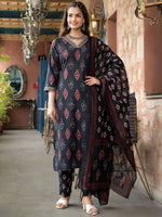 Thumbnail for Kalini Ethnic Motifs Printed Thread Work Straight Kurta With Trousers & Dupatta - Distacart
