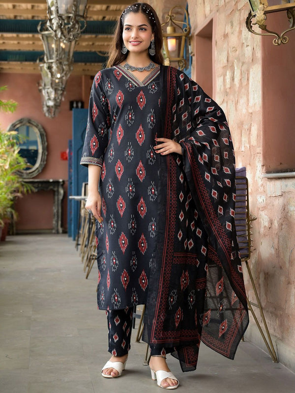 Kalini Ethnic Motifs Printed Thread Work Straight Kurta With Trousers & Dupatta - Distacart