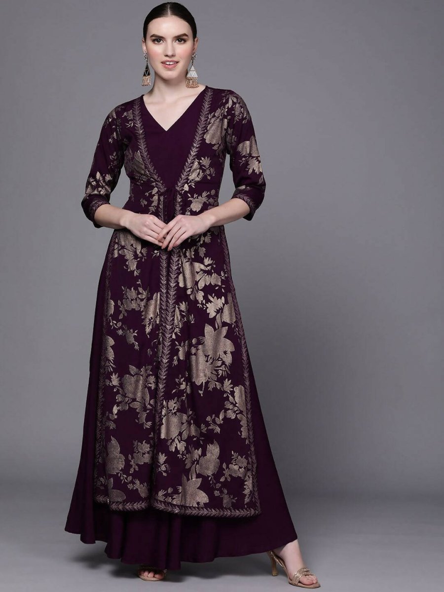 Ahalyaa Women Burgundy Floral Fit & Flare Maxi Ethnic Dress - Distacart