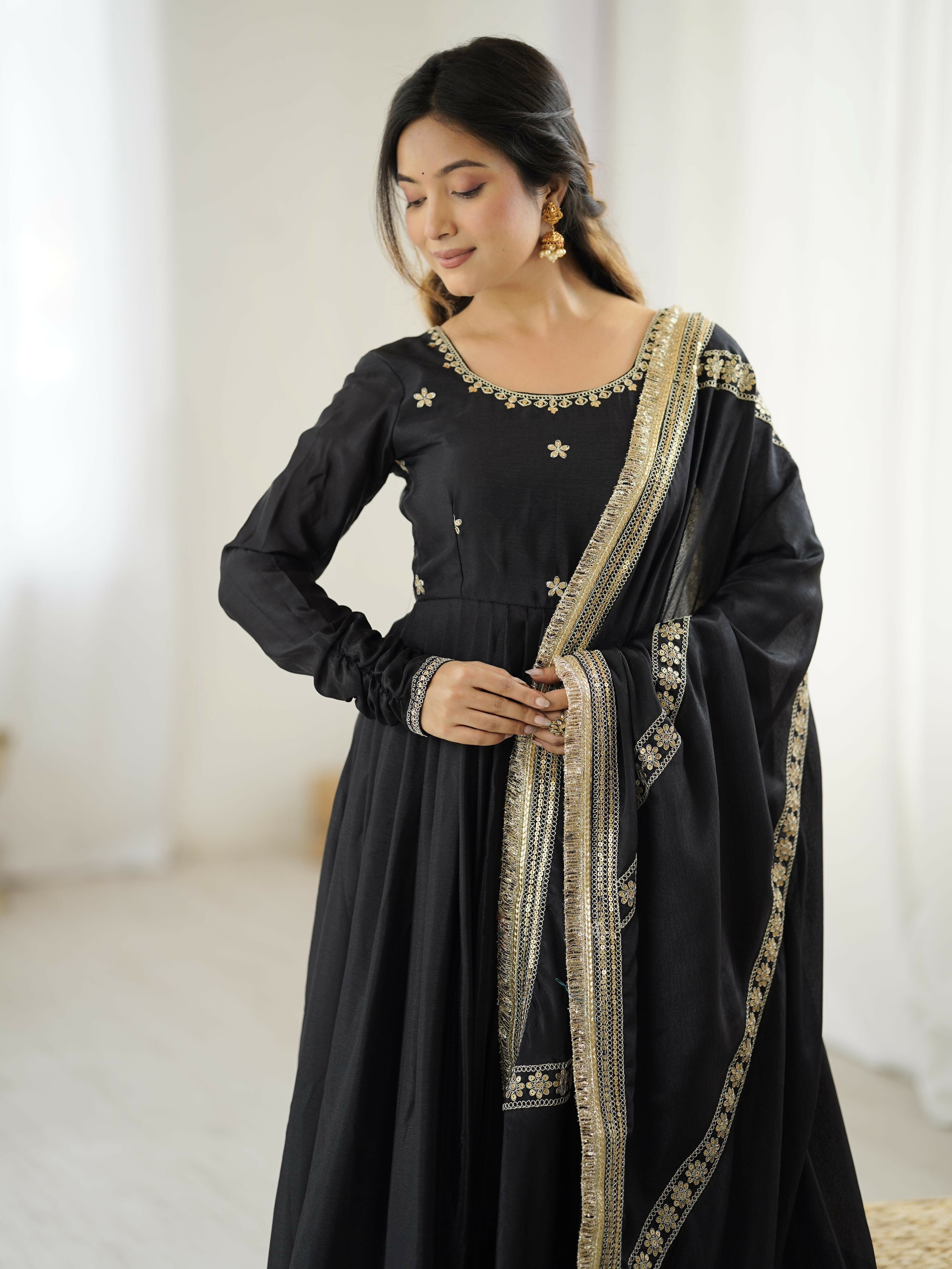 Joban Fashion black Kurta set with Pant Chinon silk Thread with Sequins work
