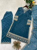 Thumbnail for Vastranavya Sea Blue Velvet Sequence Embroidery Work Kurta & Bottom With Dupatta - Distacart