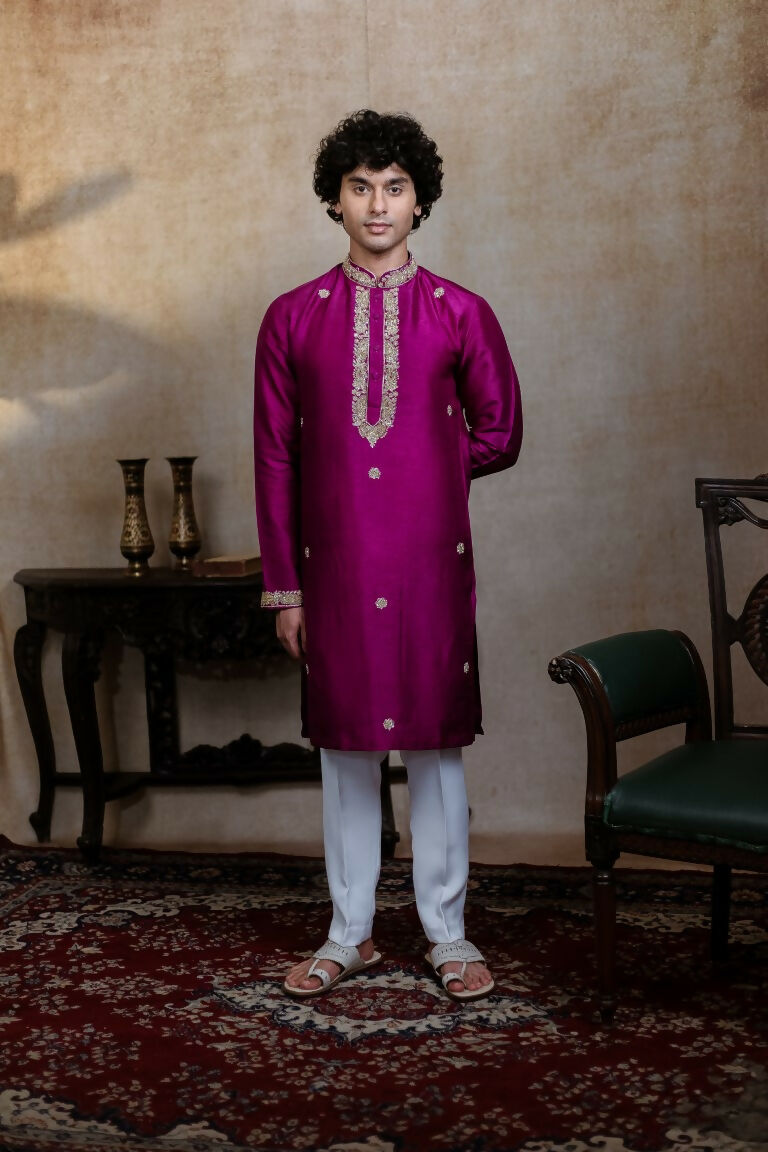 Falling Raw Silk Magenta Perple Rajyog Kurta Set By Hilo Design